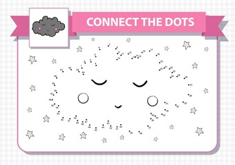 Cute cartoon sleeping cloud. Dot to dot educational game for kids. Printable worksheet. A4 landscape page. Good night