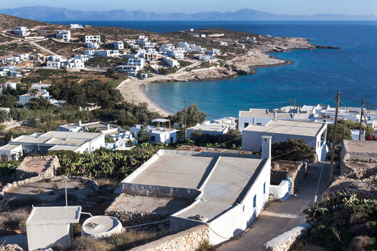 Donousa island at dawn, beautiful view on the Stavros bay.  Small Cyclades, South Aegean, Greece
