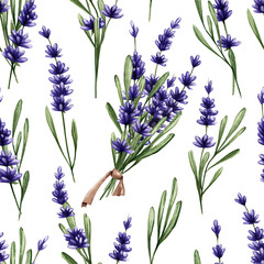 Obraz premium Geometric seamless pattern with purple lavender. Watercolor pattern with spring lilac flowers. Great for decor, design, paper, fabric, textiles, and more