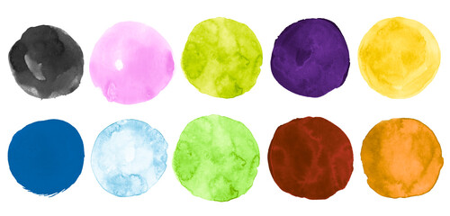 Brush Watercolor Circles Set. Art Hand Paint Stain Background. Creative Template with Drop on Paper. Watercolor Circles Collection. Abstract Drawn Design. Colorful Watercolor Round Collection.