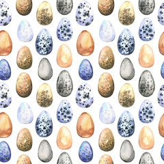 Watercolor seamless pattern with colored Easter eggs on a white background. Ideal for invitations, cards, greetings. High quality illustration
