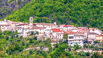 Fototapeta na wymiar Picturesque view of the Italian village Posta Fibreno on the edge of the national park of Abruzzo,Lazio and Molise