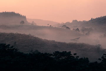 Fog shrouding mountains, with the morning light illuminating the mysterious scenery.