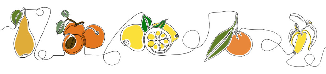 Banner set with a continuous line of fruits: pear, apricot, lemon, tangerine, banana. Illustration of healthy, vegetarian food. fruit background.organic fruit.