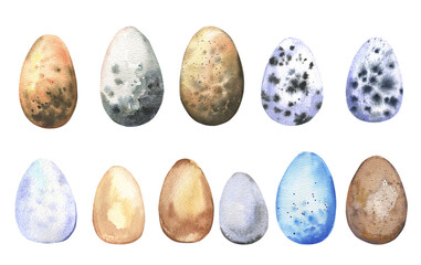 Watercolor set of colored Easter eggs on a white background. Ideal for invitations, cards, greetings. High quality illustration