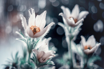 Białe kwitnące sasanki na bąbelkowym tle. Wiosenne ogrody z kwiatami.