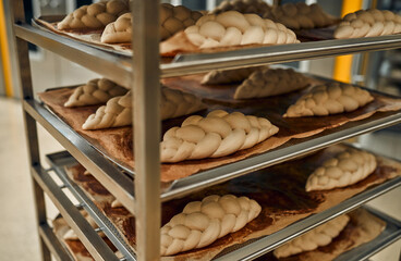 Bread on the shelves is being prepared for baking in the oven. Production of bakery products. Bread baking factory.