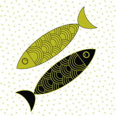 Creative fish in black and marsh color on a background with small polka dots. Kawaii pattern for the design of kitchen textiles, interiors, clothes, stationery. Vector graphics.