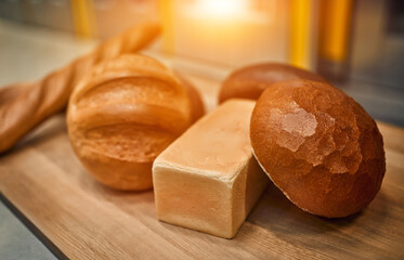 Different bread on a rustic background. bakery products. Factory bakery concept. bakery products. Healthy eating.