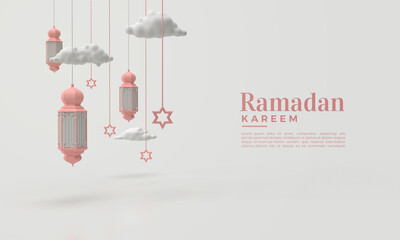 Ramadan kareem 3d render with hanging lights.