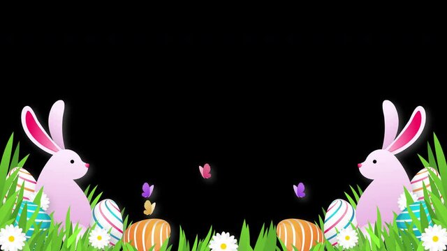 4K Easter intro transition animation on Alpha background, Rabbits with Easter eggs on spring meadow