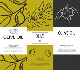 Set of stickers on the theme of olive oil, olive branches on a dark and yellow-green background.
