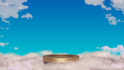 BLue round stage, podium or pedestal flying in the clouds at sky. Perfect illustration for placing your product of object on podium.