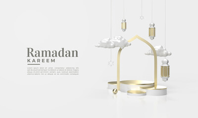 Ramadan kareem 3d render with illustration of clouds and hanging lights.