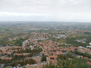 Fototapeta na wymiar San Marino, panoramic terrace. Panorama of the surrounding area and the sea from the terrace at the arrival point of the cable car.