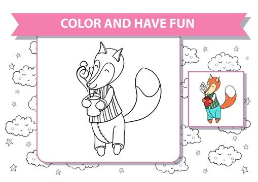 Printable coloring page. Cute cartoon fox in pajama with cup of coffee. Vector illustration. Background with clouds and stars. Pink ribbon