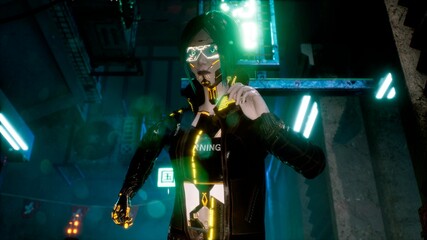 The cyber girl of the future runs along the neon street of the cyber city. 3D Rendering. View of an future fiction city. © designprojects