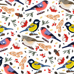 Lots of different little birds on a white background. Seamless pattern on the theme of wildlife. Tits, goldfinches, bullfinches and a lot of food for them-seeds, berries.