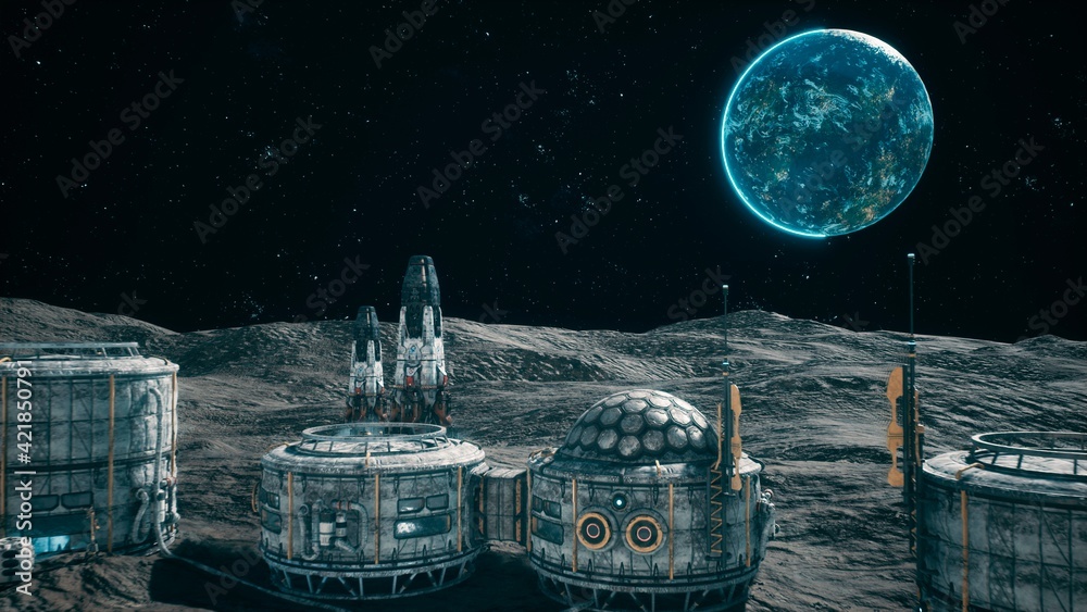 Canvas Prints a view of the surface of an alien planet, a space colony or a lunar base with spaceships standing ne