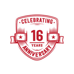 16 years anniversary celebration shield design template. 16th anniversary logo. Vector and illustration.