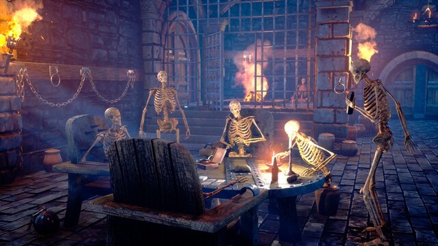 Party At The Creepy Skeletons In A Mystical Medieval Dungeon. Mystical Nightmare Concept. 3D Rendering.