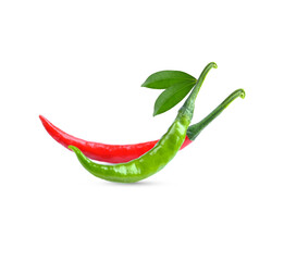 Fresh red green chillis with lesves isolated on white background.