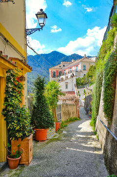 A narrow street in Raito, a village on the Amalfi coast, Italy.