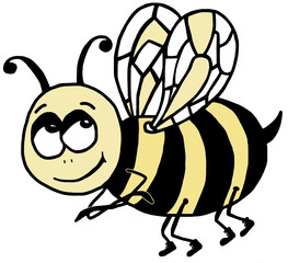 Bee, bumblebee. A beetle with a striped body and wings. A cartoon, large beetle with a yellow, bright, decorated, multicolored body. A beautiful insect with wings. A forest, flying, rare insect.