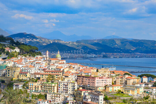 Raito, Italy, 03/28/2017. Panoramic view of the coast of the province of Salerno from a hilltop village.
