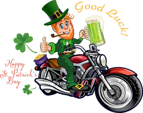 St. Patrick's Day, cheerful Leprechaun with mug of beer on motorbike.