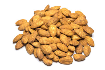 Pile of shelled almond nuts isolated on white background