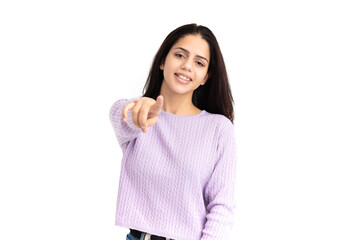 Latin woman pointing with fingers on white background