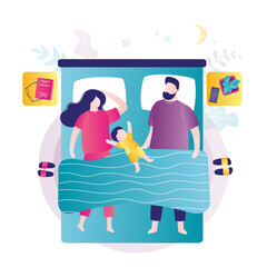 Happy family sleeps in bedroom. Parents and child rests together in bed. Baby is napping with mother and father