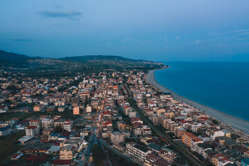 Aerial view of the city of Gioiosa by night. Calabria Italy