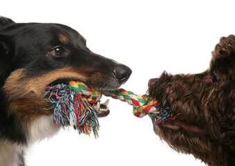 Two dogs playing tug of war
