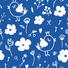 Floral seamless pattern on a blue background. Birds, berries, leaves, hearts. Children's, natural, botanical. Cute illustrations for seasonal design, paper, fabric, prints.