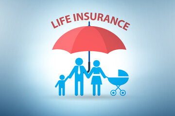 Life insurance concept with family under umbrella