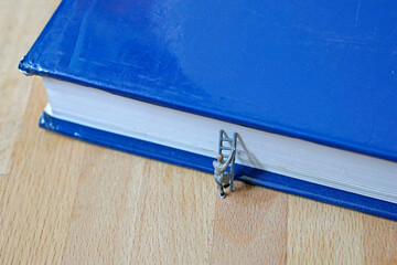 Miniature figurine character: one man stepping on the ladders to get on blue book, make the effort, study concept