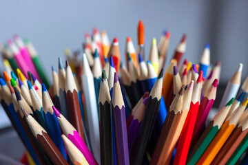 A large set of colored pencils, standing on the table in a stand.
