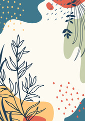 Abstract organic vector shapes, leaves, branch, plants. Modern graphics for business, holiday. Natural elements in doodle style for template, cover, poster, greeting card, frame, background. 