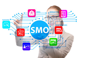 Social media optimisation concept with businesswoman