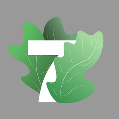 Vector number seven with trending green leaves. The illustration is isolated on a gray background. Simple design.