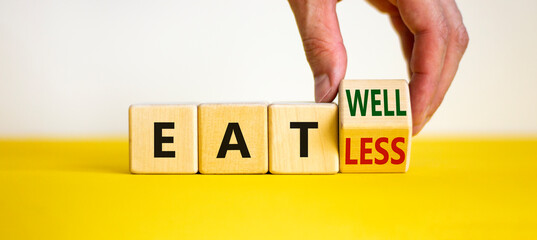 Eat well or eat less symbol. Businessman turns a cube and changes words 'eat less' to 'eat well'. Beautiful white and yellow background. Business, eat well or less concept. Copy space.