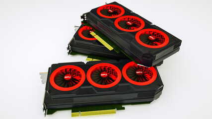 several three-dimensional video cards lie on a white background. GPU adapter. 3d render illustration