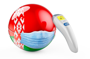Belarusian flag with medical mask and infrared electronic thermometer. Pandemic in Belarus concept, 3D rendering