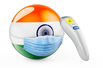 Indian flag with medical mask and infrared electronic thermometer. Pandemic in India concept, 3D rendering