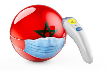 Moroccan flag with medical mask and infrared electronic thermometer. Pandemic in Morocco concept, 3D rendering