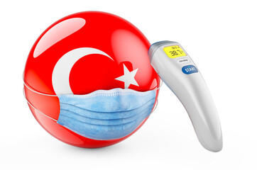 Turkish flag with medical mask and infrared electronic thermometer. Pandemic in Turkey concept, 3D rendering
