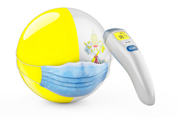 Vatican flag with medical mask and infrared electronic thermometer. Pandemic in Vatican concept, 3D rendering