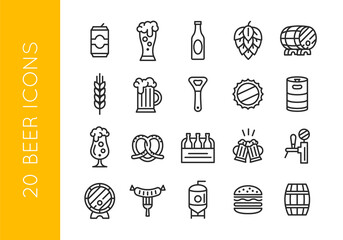 Beer icons. Set of 20 beer trendy minimal icons. Mug, Glass, Barrel, Bottle, Hop icon. Design signs for pub, restaurant menu, web page, mobile app, logo, banner, packaging design. Vector illustration